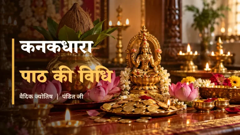 कनकधारा पाठ - कलश, कमल, लक्ष्मी प्रतिमा और दीपों के साथ पूजा